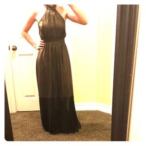 BCBG Generation Gold Shimmer Sheer Mesh Maxi Dress